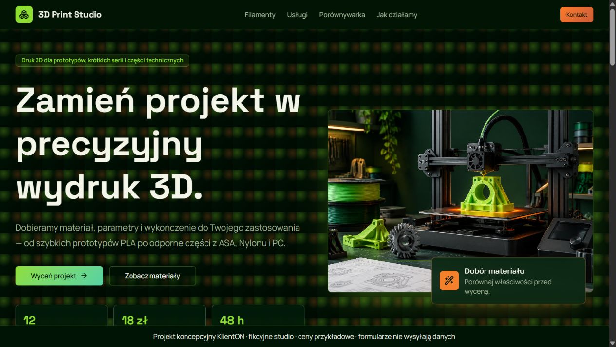 Projekt koncepcyjny 3D Print Studio z katalogiem materiałów do druku 3D