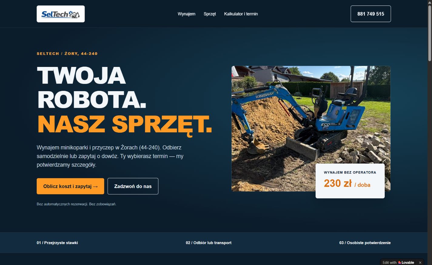 Podgląd strony SelTech z ofertą wynajmu minikoparki w Żorach